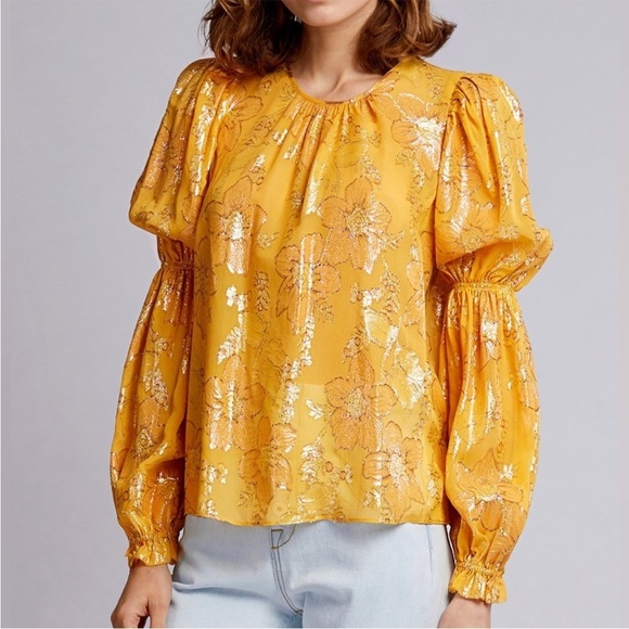Ulla Johnson Aster Metallic Floral Blouse in Gold Orange Citrine Sz 2 - Picture 4 of 16